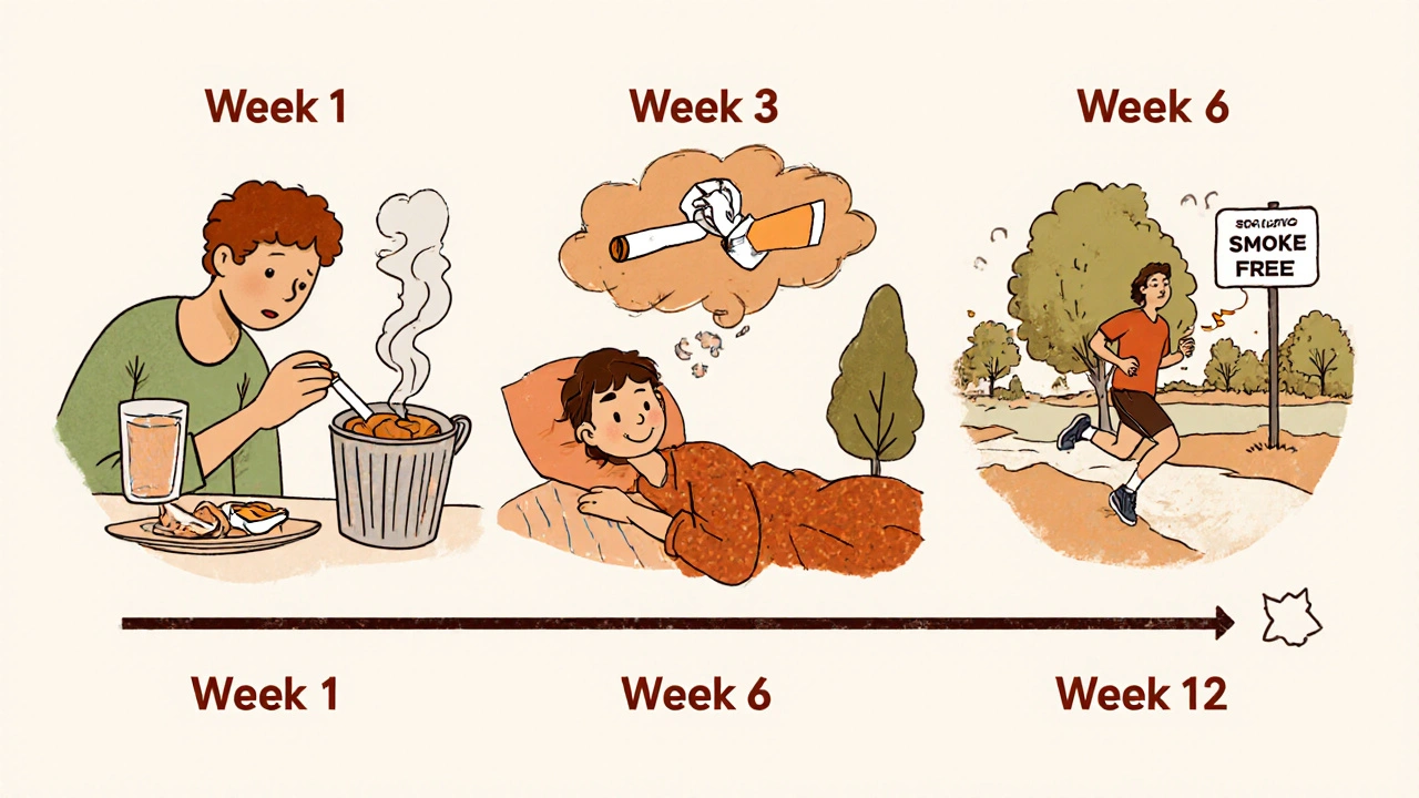 A 12-week visual journey of someone quitting smoking with varenicline, showing key milestones.