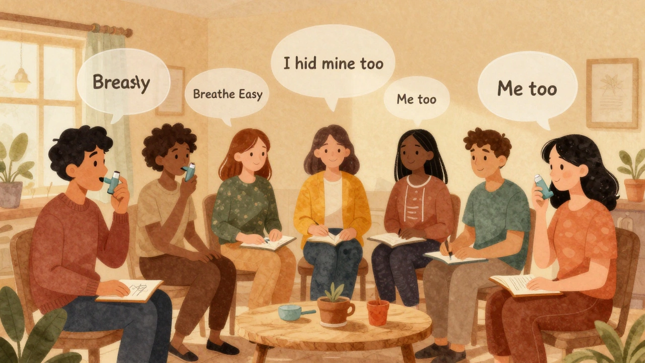 A diverse group of people in a quiet room sharing asthma experiences without medical symbols.