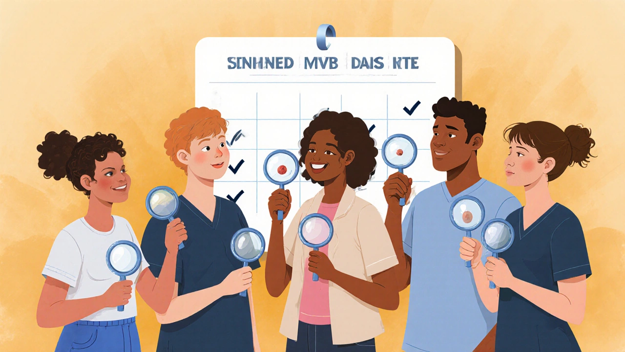 A group of patients examine their skin with magnifying glasses under a dermatologist&#039;s guidance, with a checkup calendar in the background.