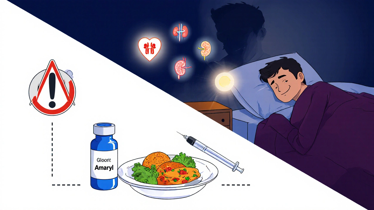 A patient&#039;s day showing safer diabetes treatment with heart and kidney benefits, while Amaryl fades away in the background.