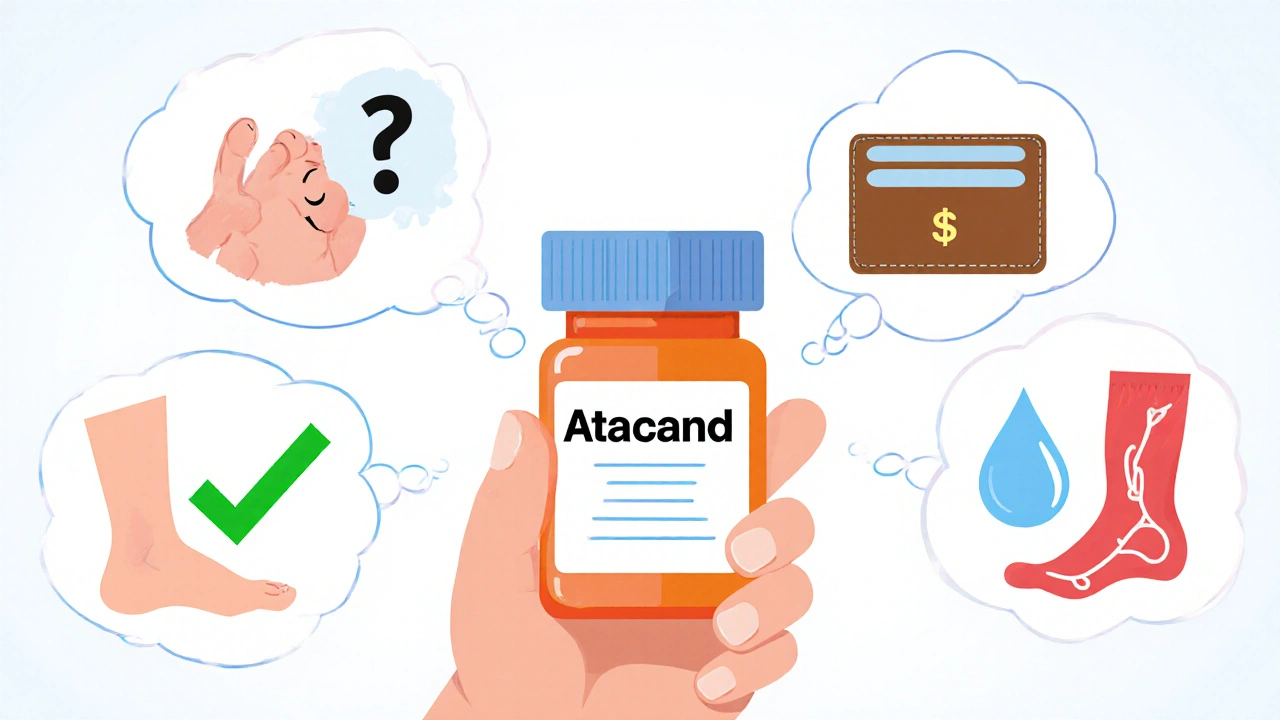 A patient considering alternatives to Atacand with visual symbols of side effects and benefits.