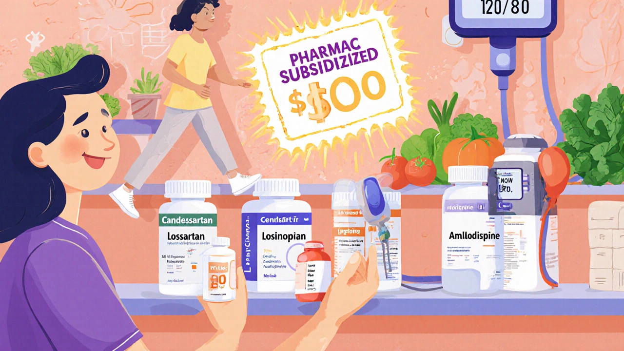 A pharmacy shelf with affordable generic blood pressure pills and a subsidy stamp, next to a healthy person.