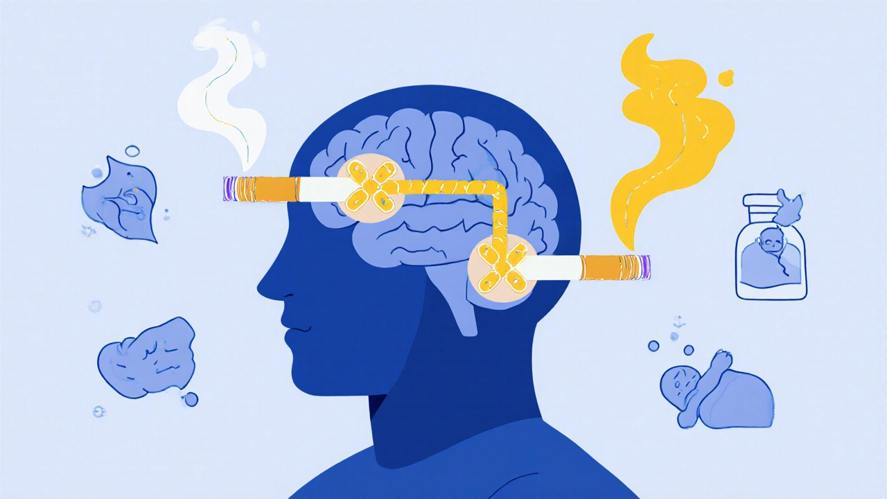 A simplified illustration of varenicline blocking nicotine receptors in the brain to reduce cravings.