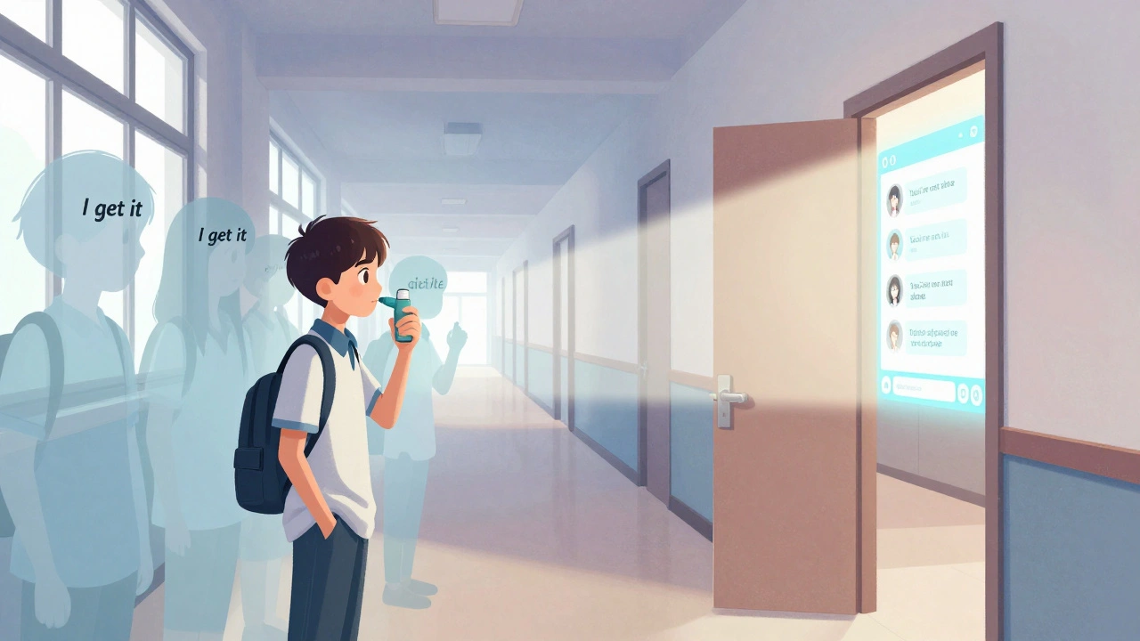 A teenager hiding an inhaler in school, with ghostly supportive figures and a glowing online chat nearby.