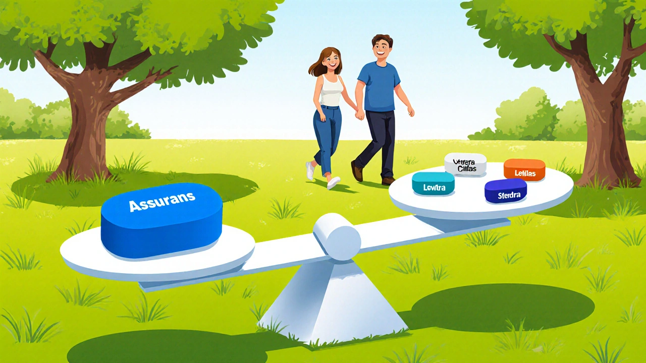 Balance scale weighing Assurans tablet against other ED pills with a happy couple in the background.