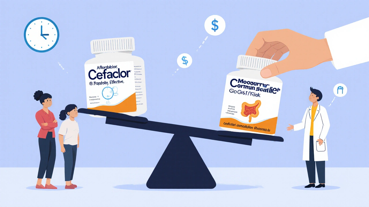 Balanced scale weighing Cefaclor against stronger antibiotics with patient observers.