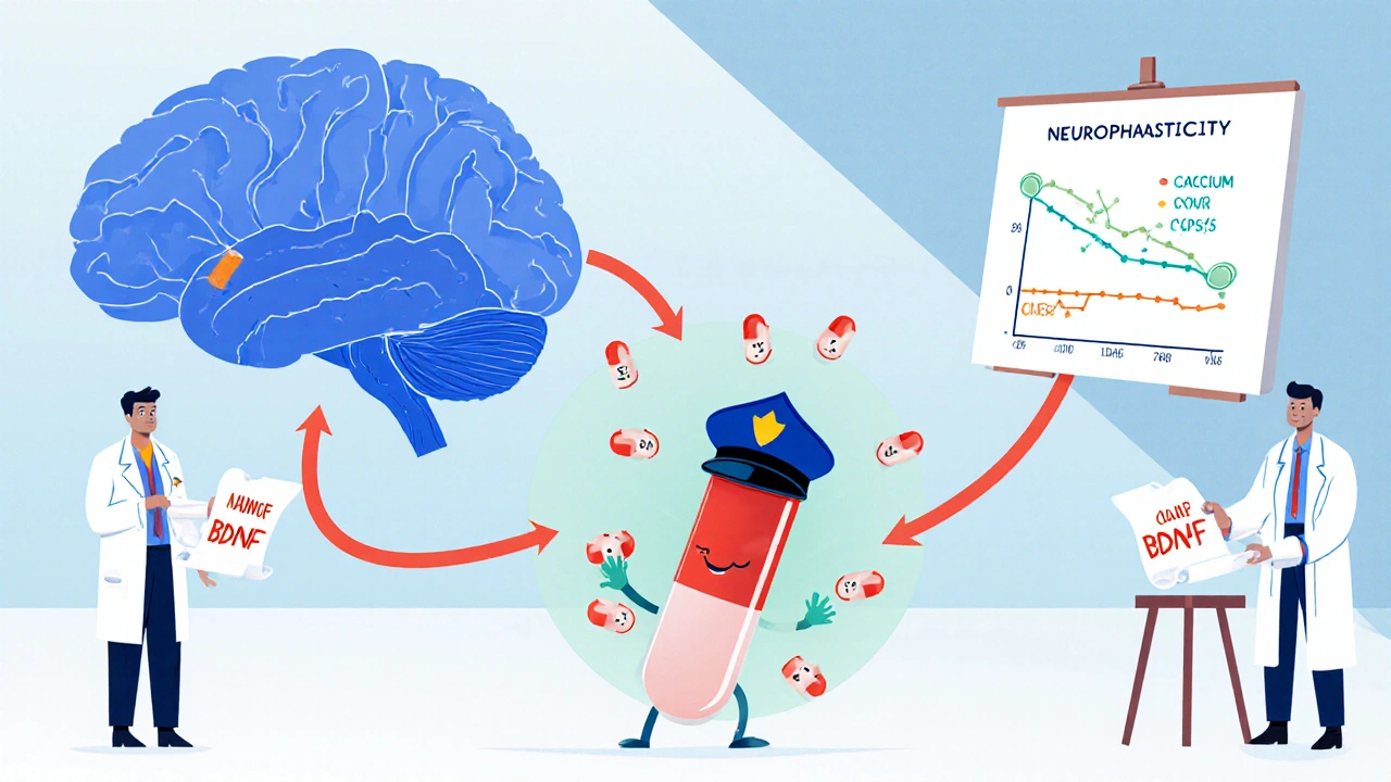 Cartoon calcium ions blocked by a Nimodipine capsule near hippocampus and amygdala.