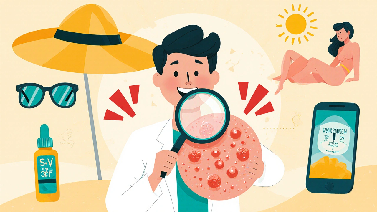 Cartoon dermatologist pointing at large blisters with icons for hat, sunscreen, sunglasses, and UV index.