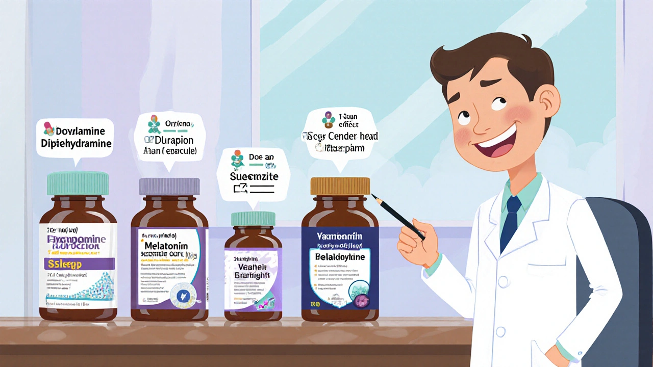 Cartoon doctor pointing at five labeled pill bottles with key attribute tags.