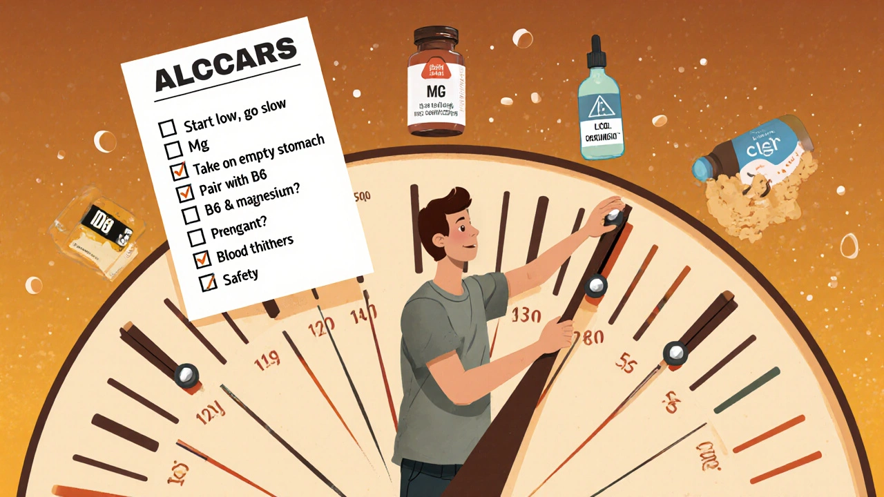Cartoon of a person tuning a dosage chart like a musical instrument with a checklist and supplement icons.