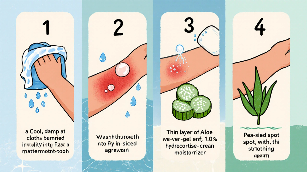 Cartoon steps showing cool compress, gentle wash, aloe gel, and hydrocortisone cream on a burned arm.