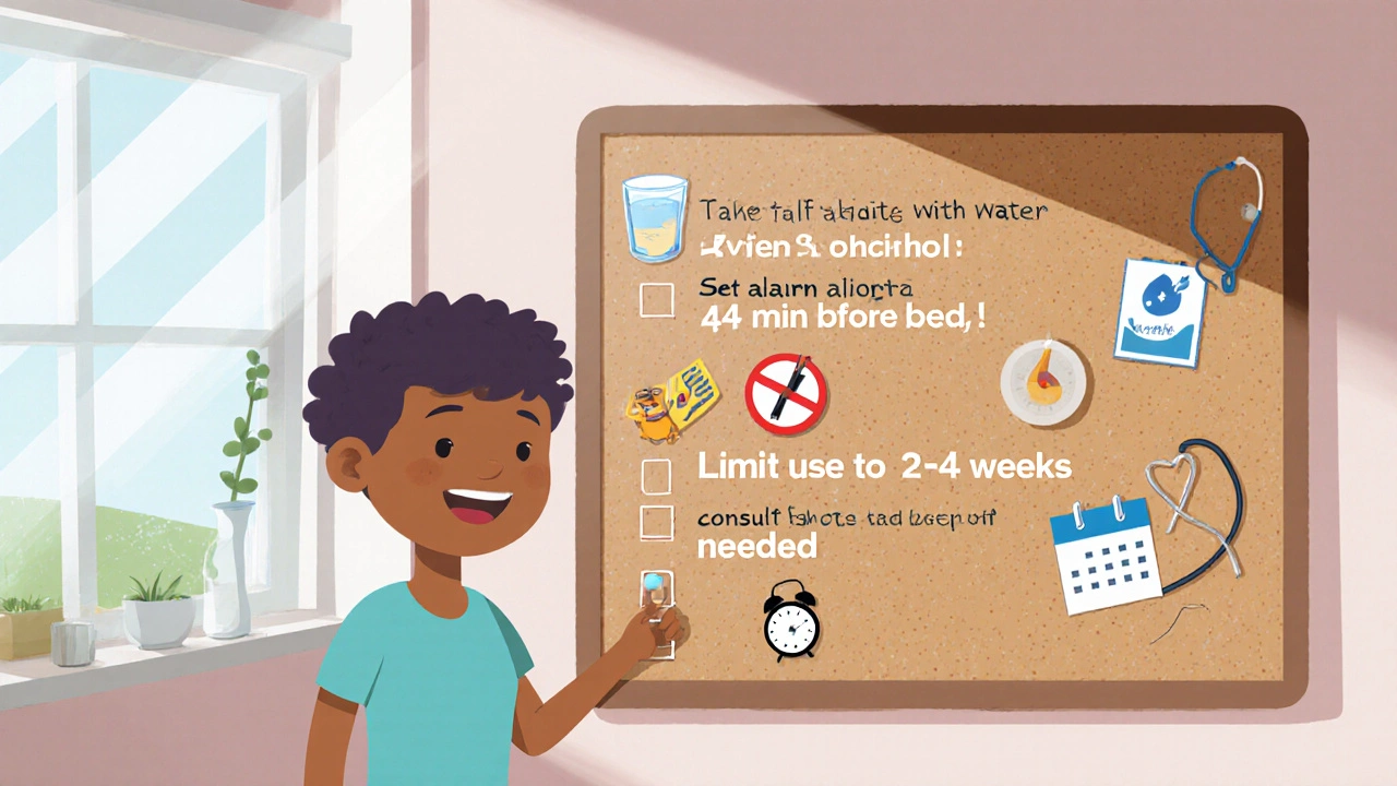 Character checking a kitchen checklist showing safe sleep‑aid steps.