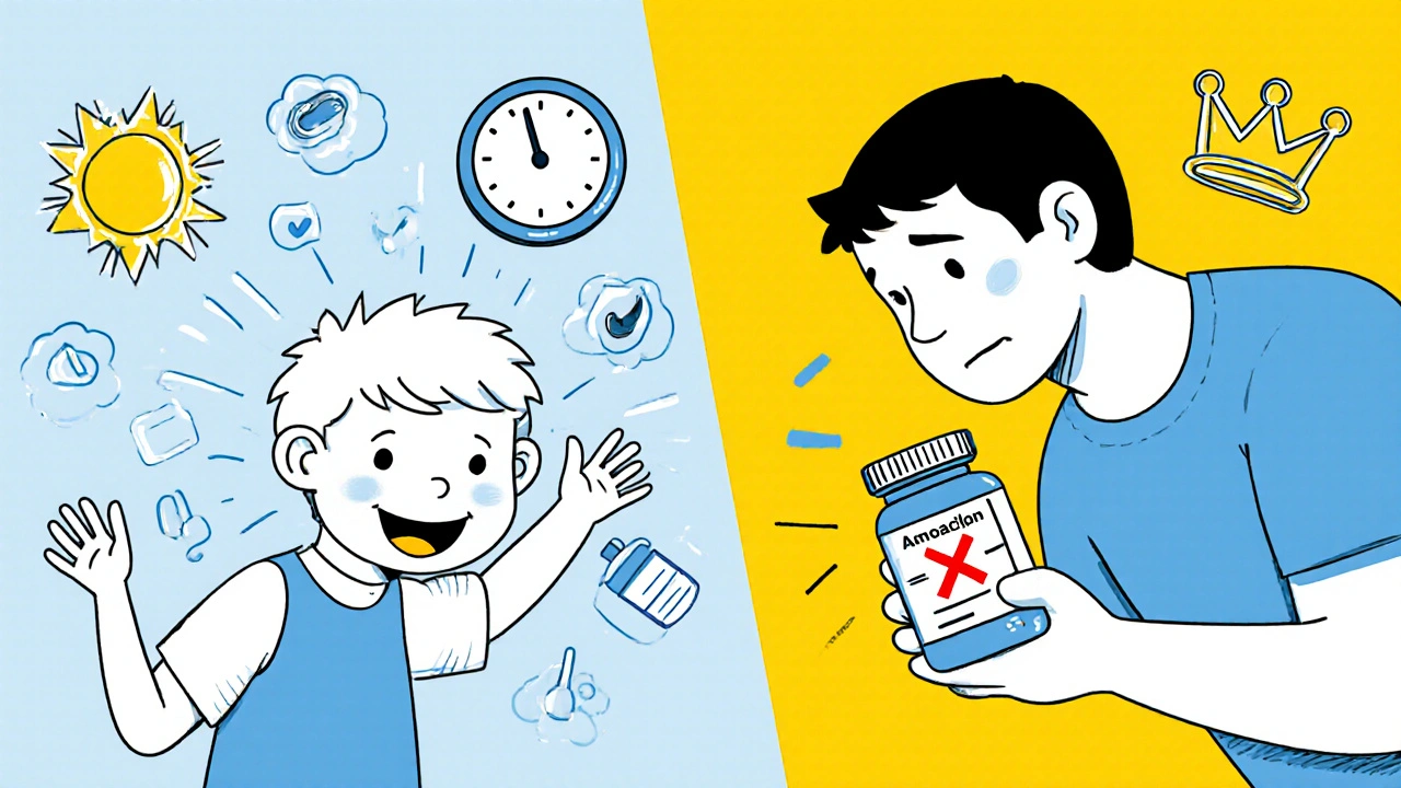 Child recovering from ear infection with Cefaclor while amoxicillin fails beside them.