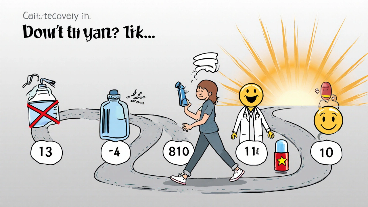 Comic‑style 14‑day recovery timeline with icons for spray stop, saline, steroids, and relief.