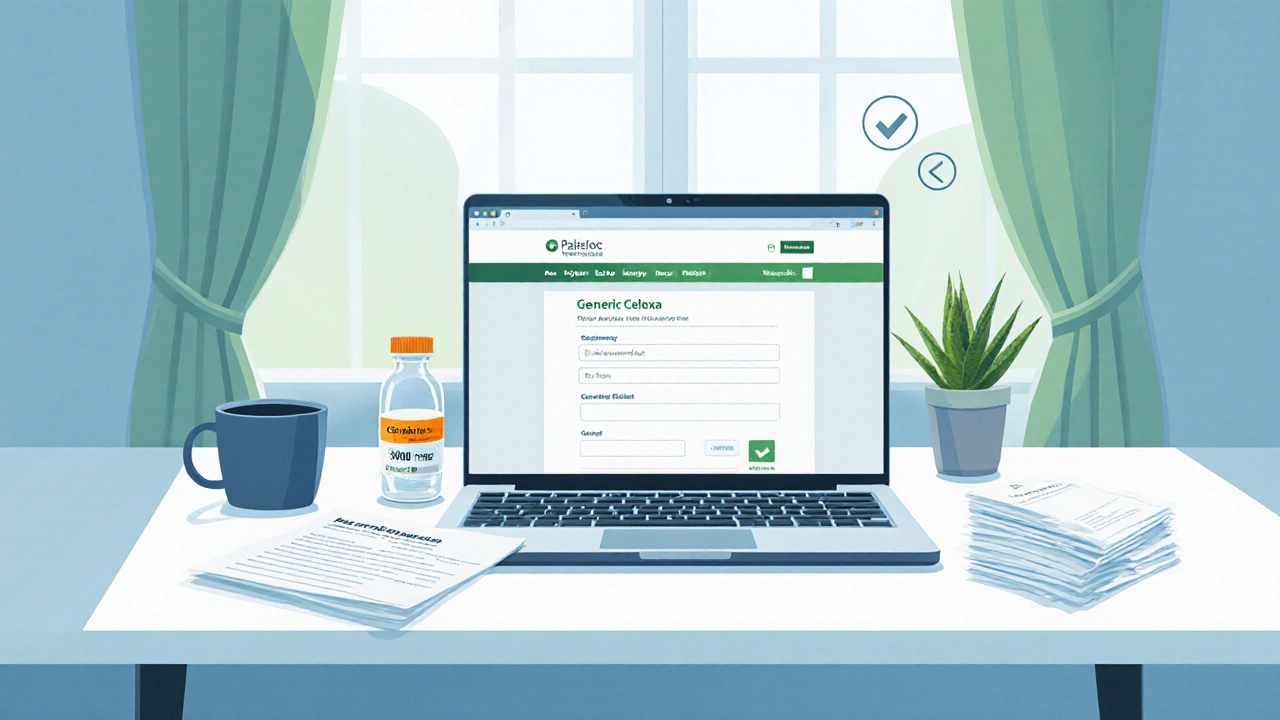 Desk with laptop, prescription, and generic Celexa bottle showing safe online buying.