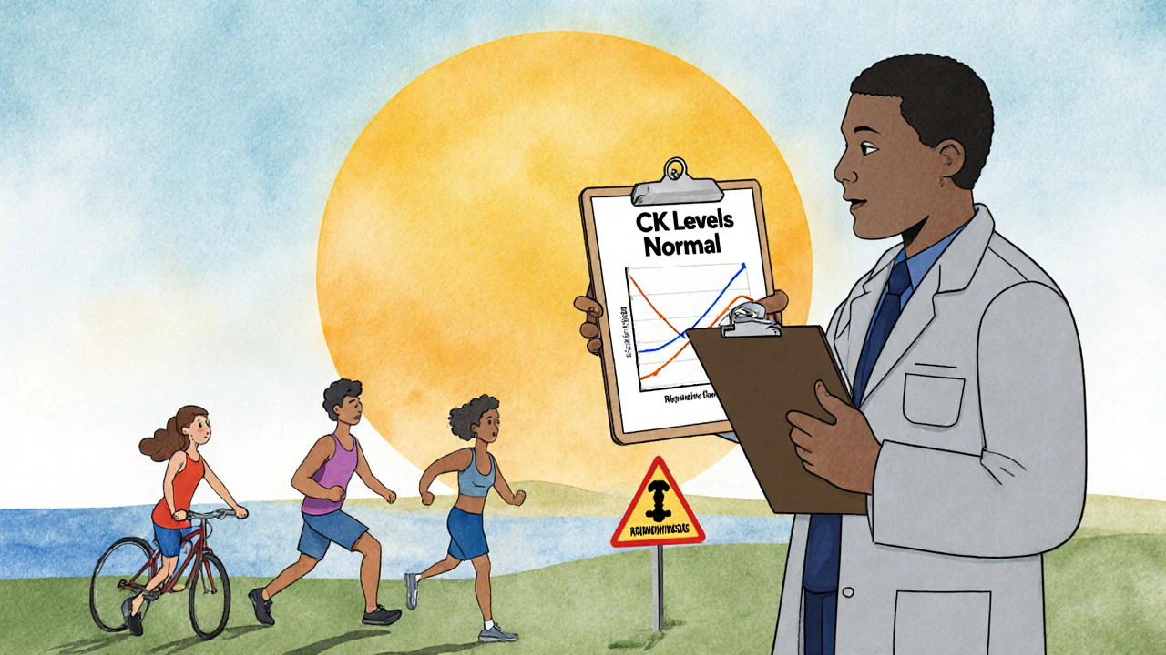 Diverse people doing safe exercises under a rising sun, with a doctor confirming normal muscle levels, avoiding dangerous activities.