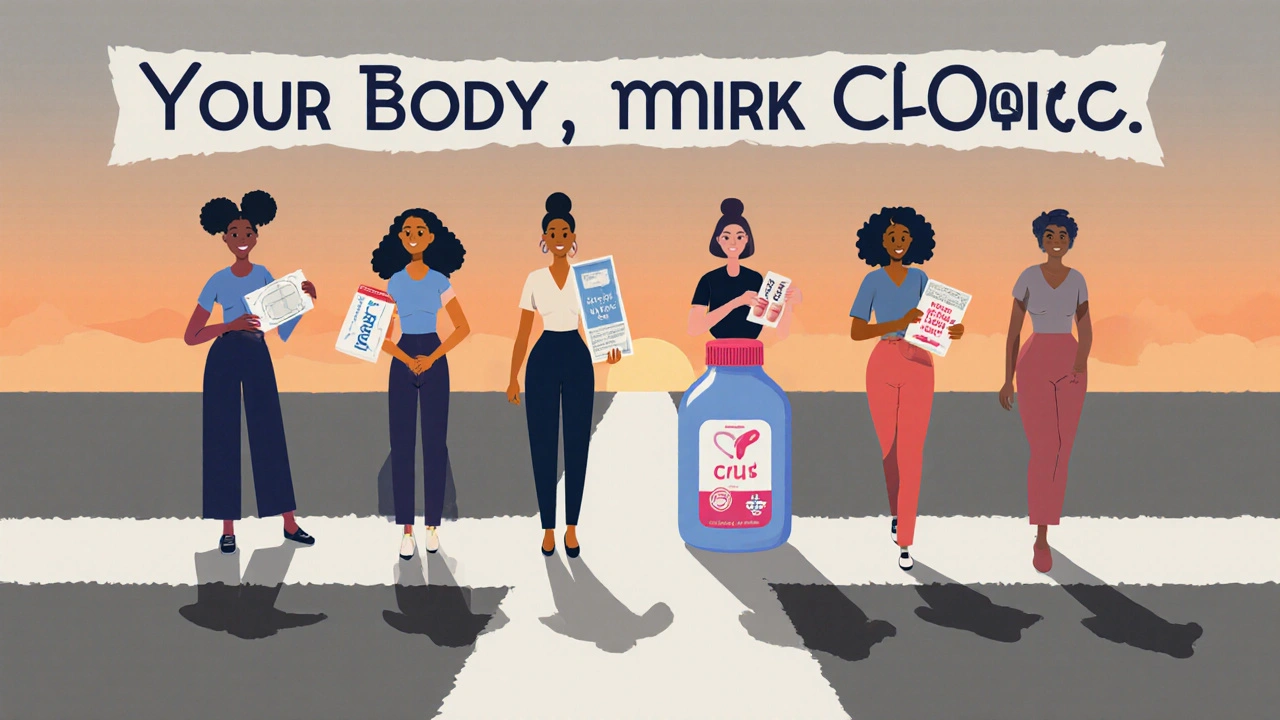 Diverse women at crossroads choosing hormonal and non-hormonal treatments for menstrual health.