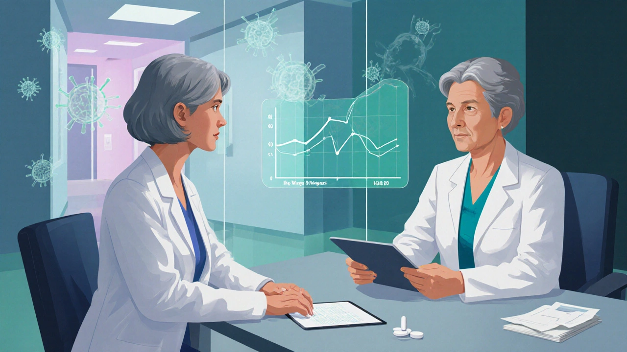 Doctor and patient discuss treatment in a modern clinic with a pill and abstract viral load graphic.
