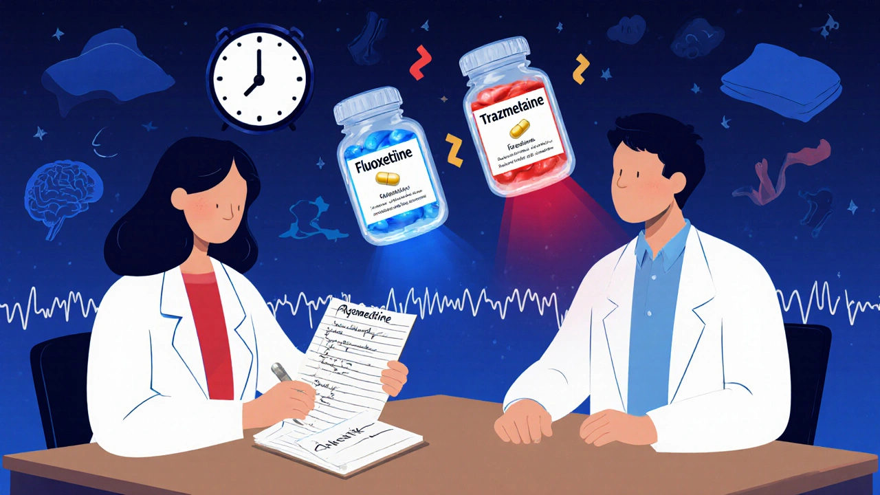 Doctor and patient discussing antidepressants, floating pill bottles showing different sleep impacts.