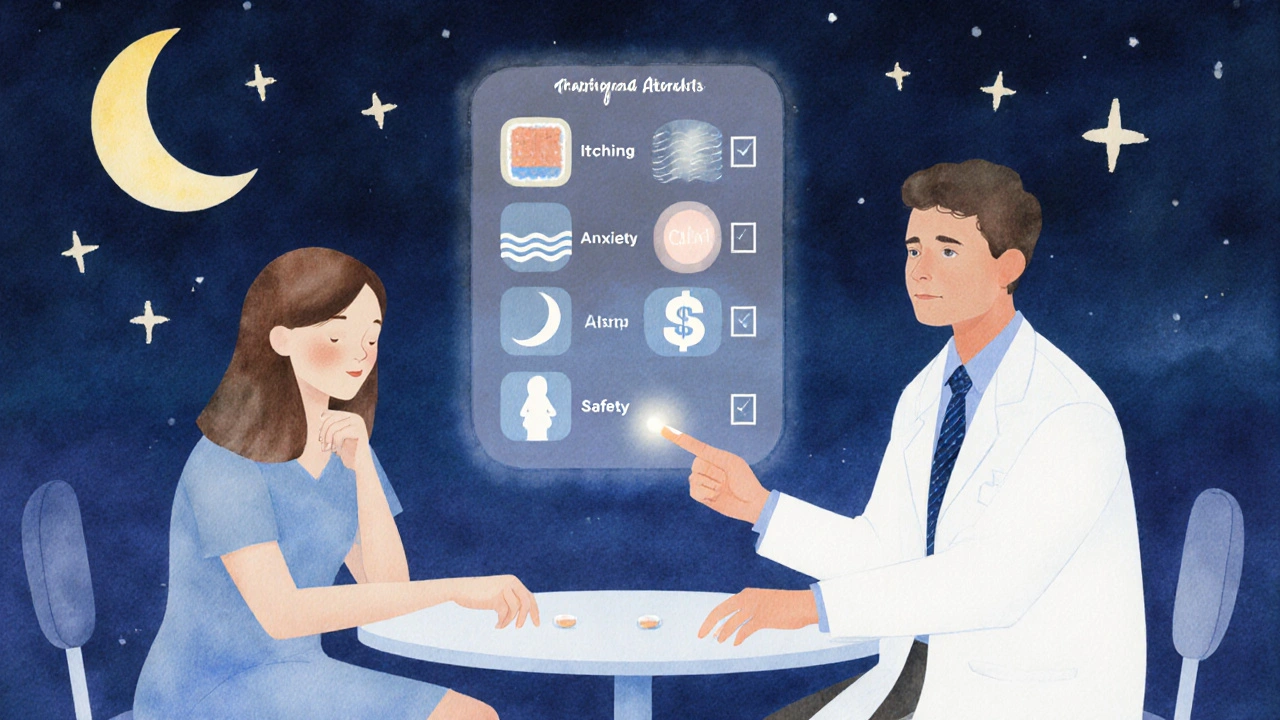 Doctor and patient reviewing a floating checklist of treatment factors under a night sky.
