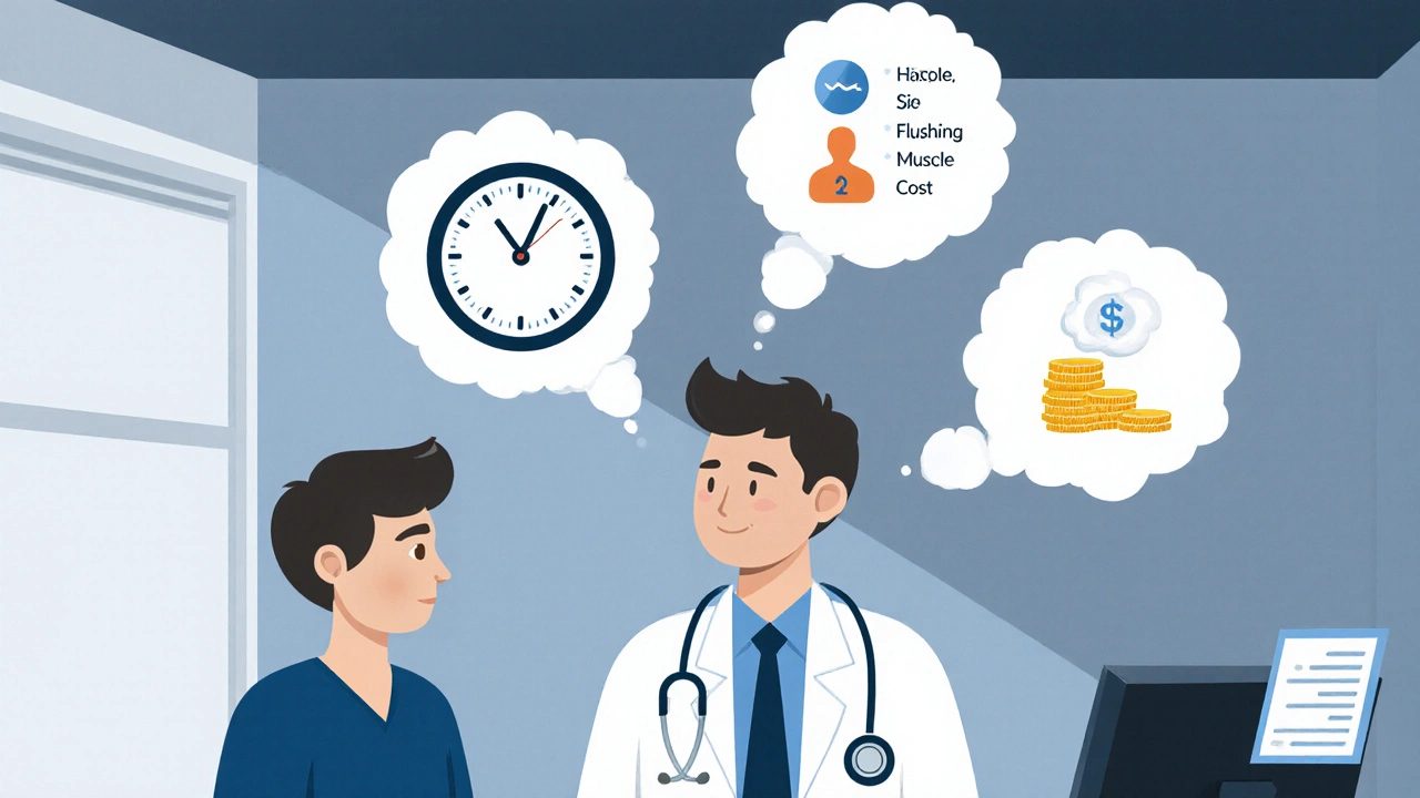 Doctor explaining medication options to patient with thought bubbles showing onset, side effects, and cost.