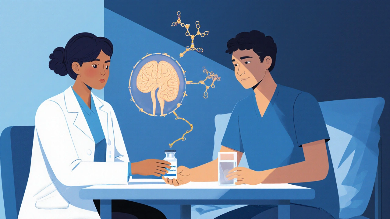 Doctor giving desmopressin to patient, with hormone flow illustration.