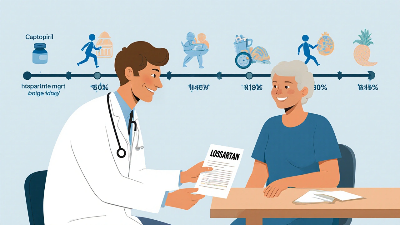 Doctor handing new prescription to patient, with timeline of blood pressure medications and healthy lifestyle icons.