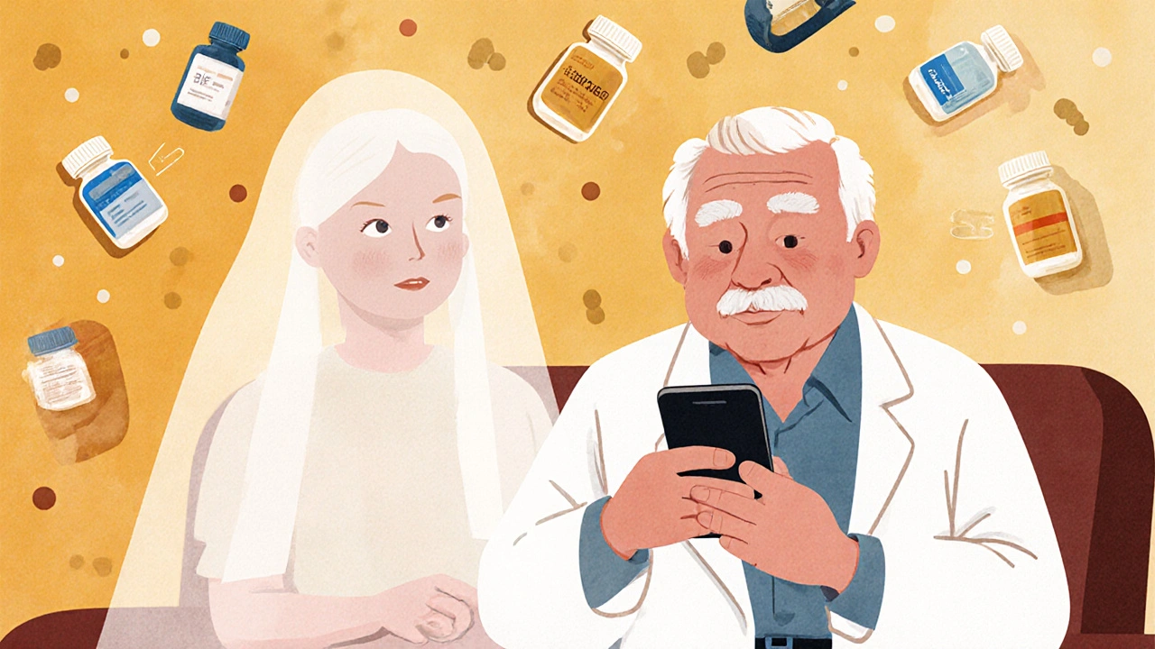 Elderly person with doctor, side effect fading away while disease symptom remains.