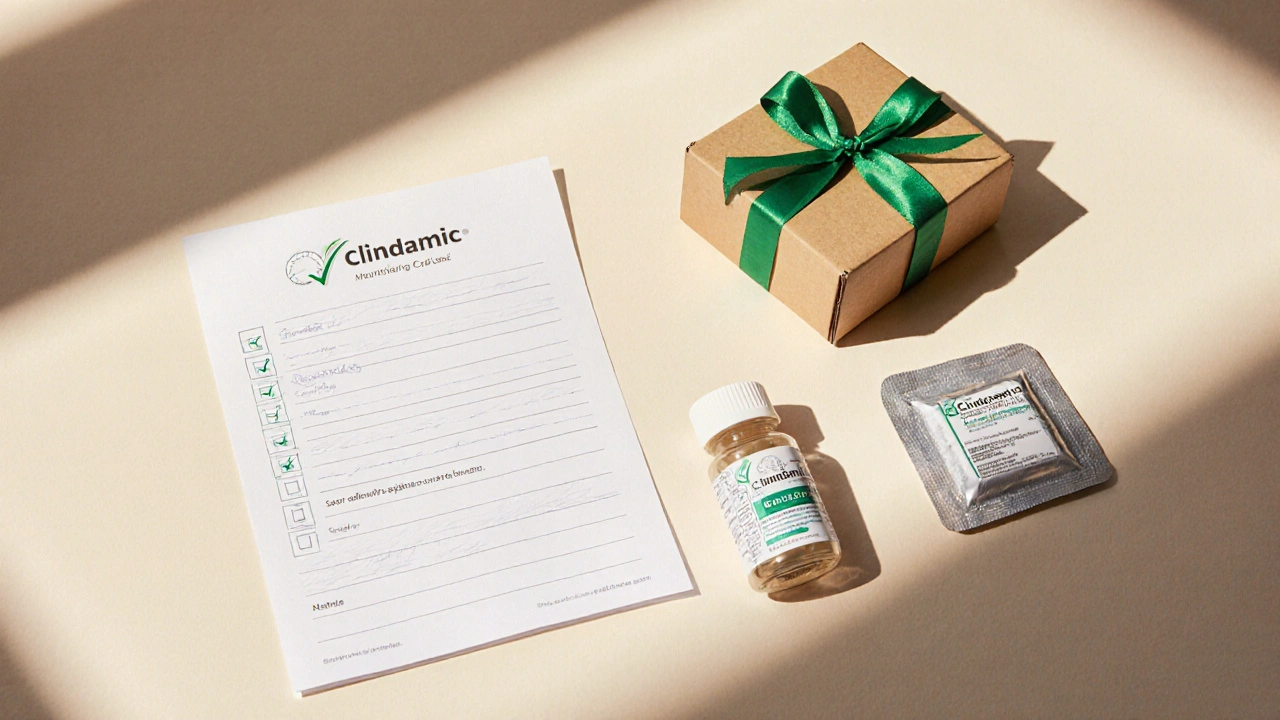 Flat‑lay of checklist, prescription, capsule bottle, and shipping box.