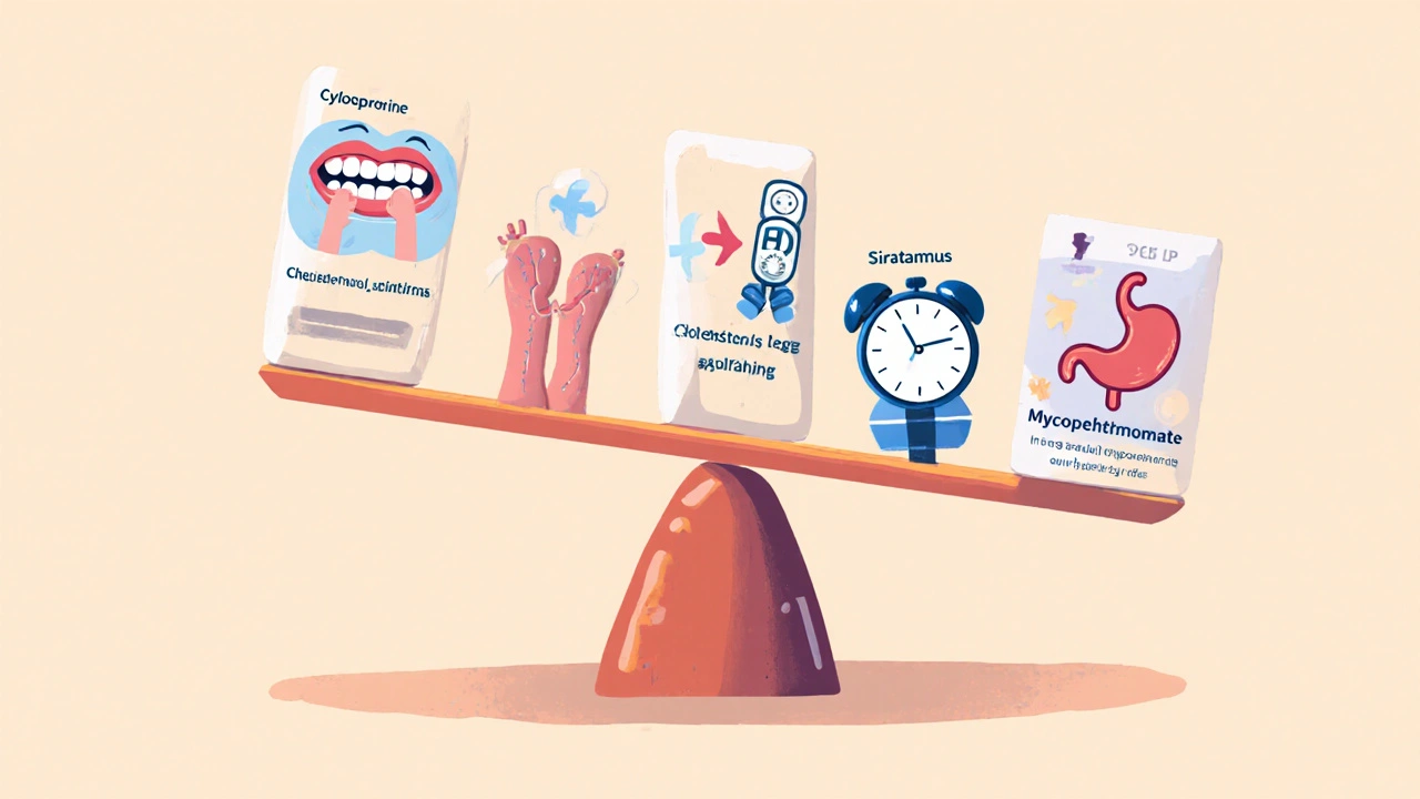 Four alternative transplant drugs visually compared with icons showing their unique side effects: swollen gums, swelling, IV drip, and stomach upset, over a healthy organ.