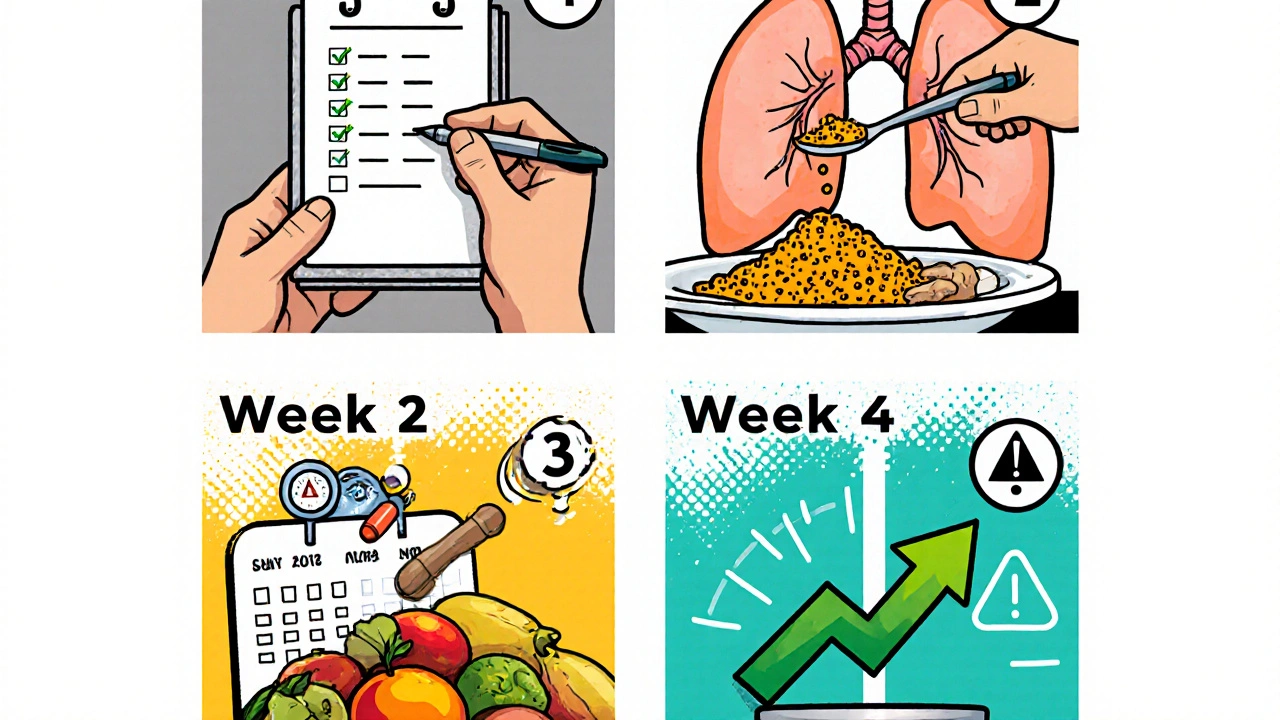 Four‑week comic timeline showing diary, herbs added, and lungs improving.