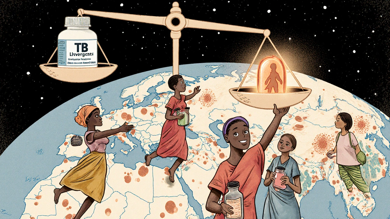 Global map showing TB treatment access gap in Africa, women reaching for distant IUDs while TB meds and pregnancy symbols weigh on a scale.