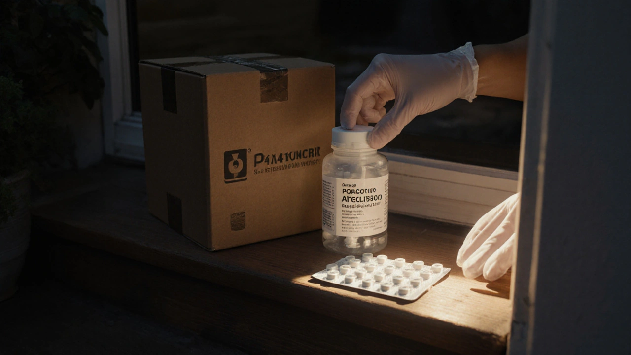 Hands opening a delivery box to reveal an authentic acyclovir tablet bottle.