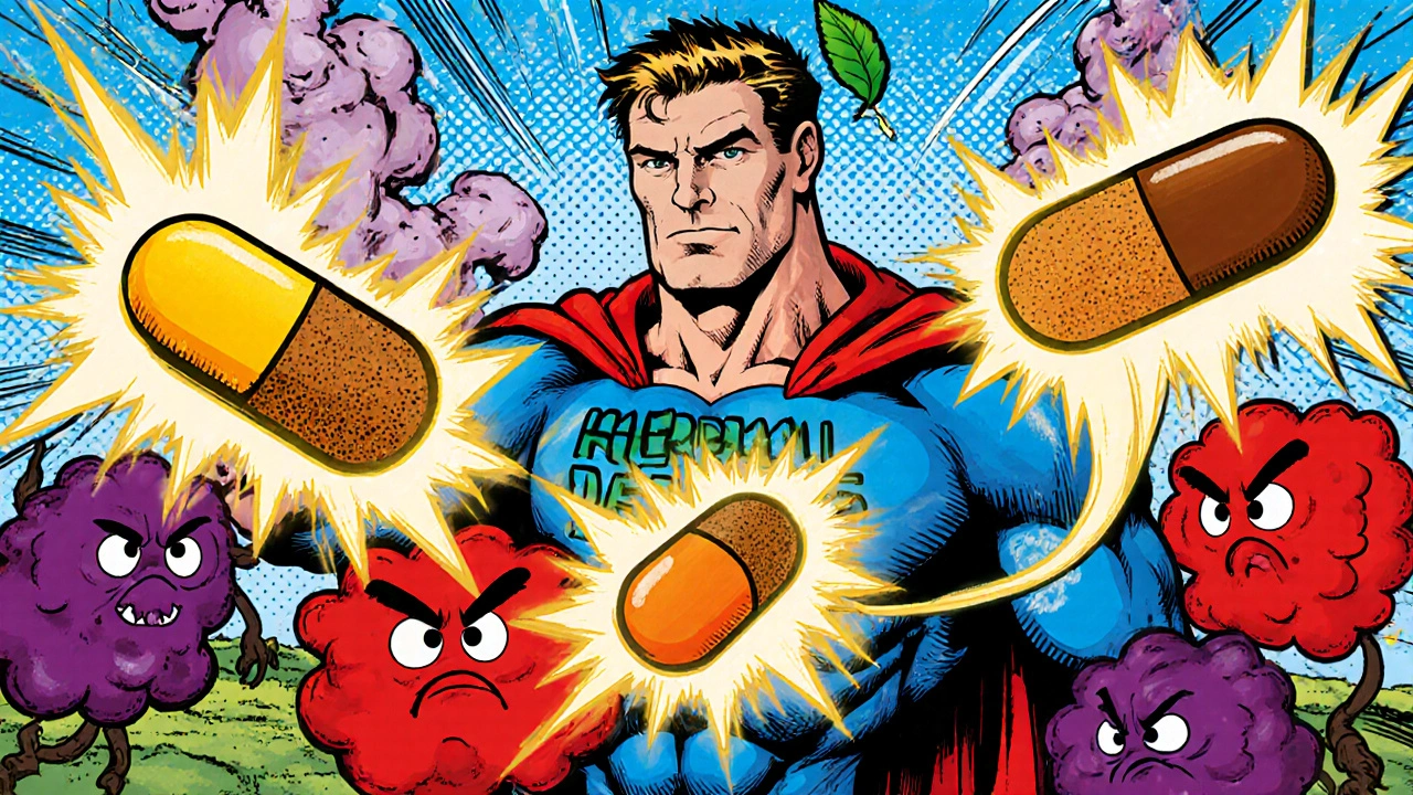 Heroic figure wielding herbal capsules blasting cytokine monsters in lungs.