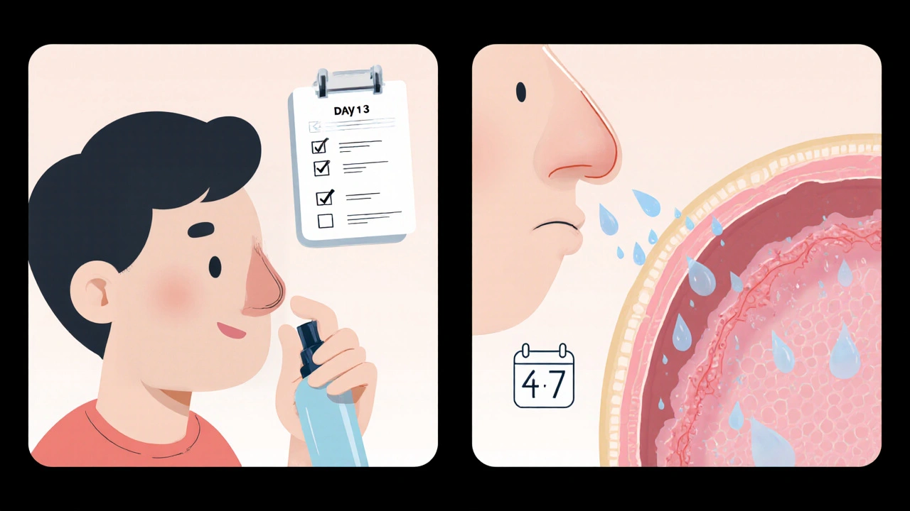 Illustration of one‑nostril‑at‑a‑time method and saline irrigation with checklist and calendar.
