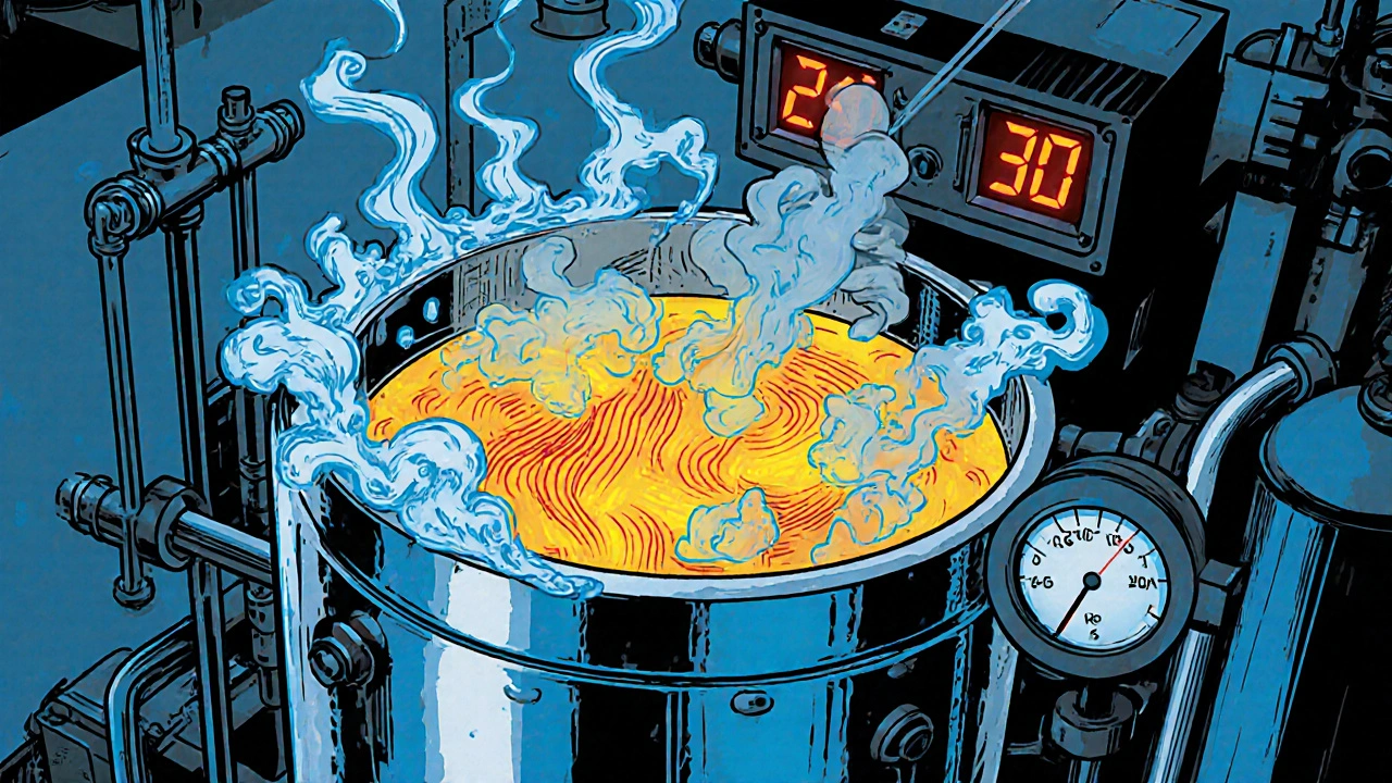 Industrial reactor with cooling jacket and bright reaction zone depicted in pop‑art comic illustration.