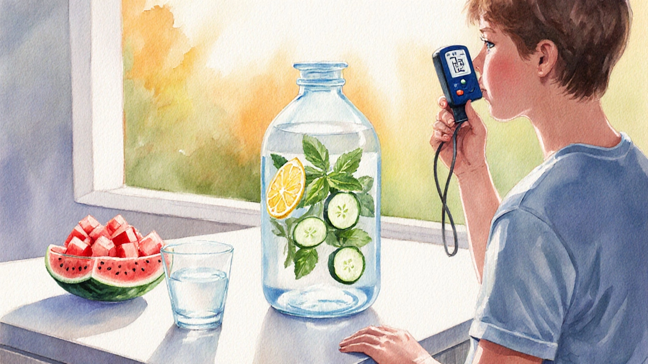 Kitchen scene showing an infused water bottle, fresh fruit, and someone using a peak flow meter.