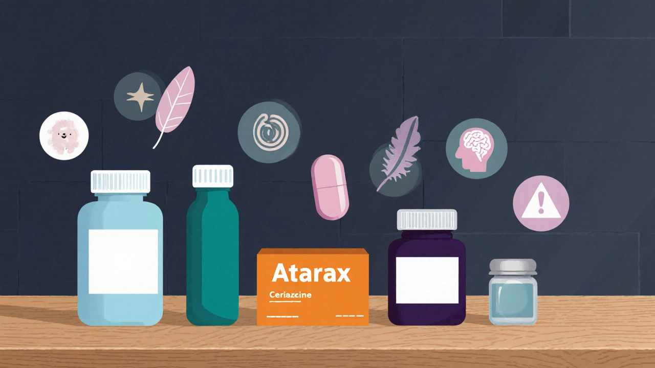 Lineup of seven medication containers with icons for sleep, itching, anxiety, and dependence.