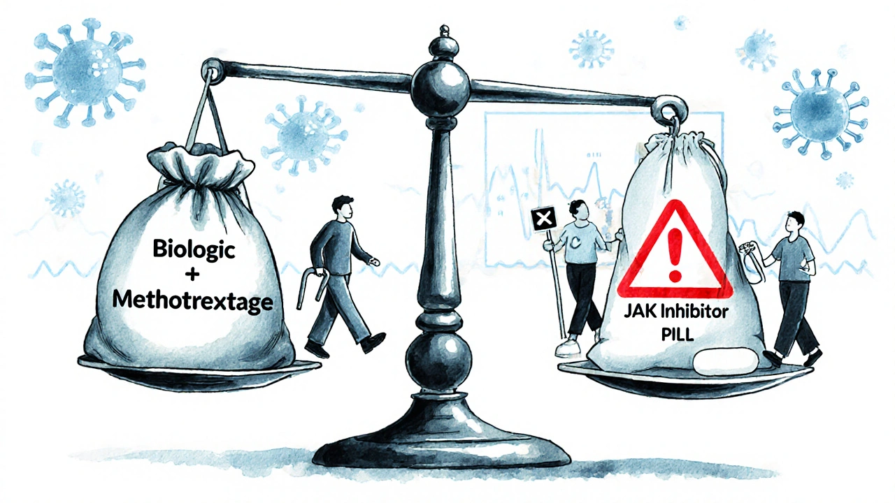 Medical scale balancing biologic combo treatment against JAK inhibitor pill with health outcomes.