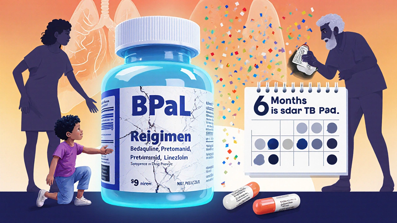 Modern TB treatment bottle glowing beside outdated one, with diverse patients reaching toward the newer, simpler option.