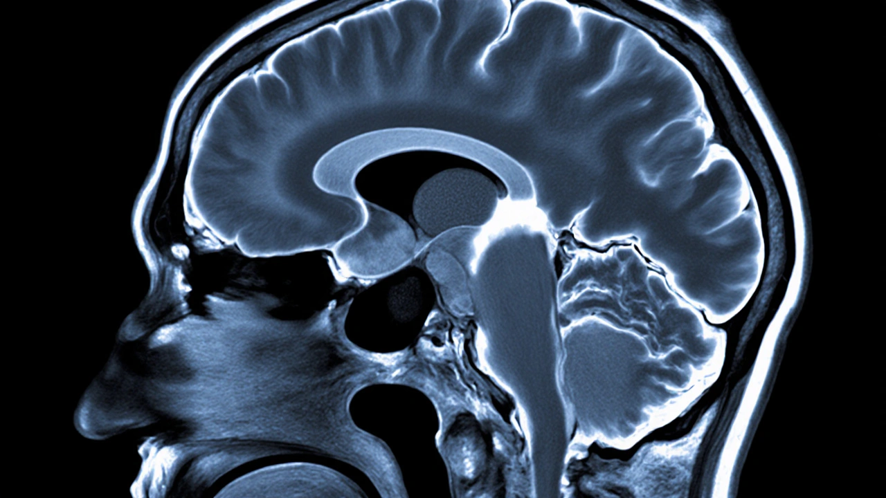 MRI brain view showing missing bright spot in posterior pituitary.