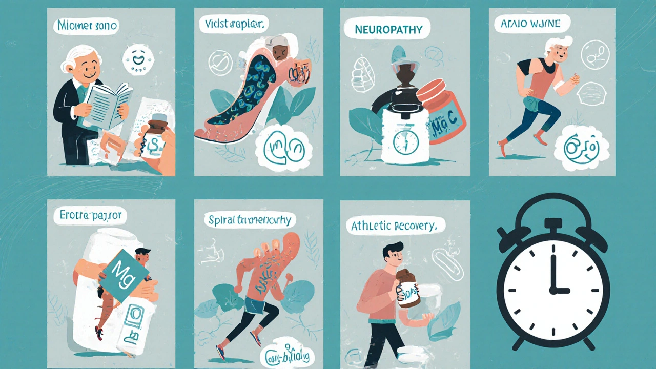 Multi‑panel cartoon showing dosage ranges for memory, mood, nerve health, sports, fertility, and anti‑aging.