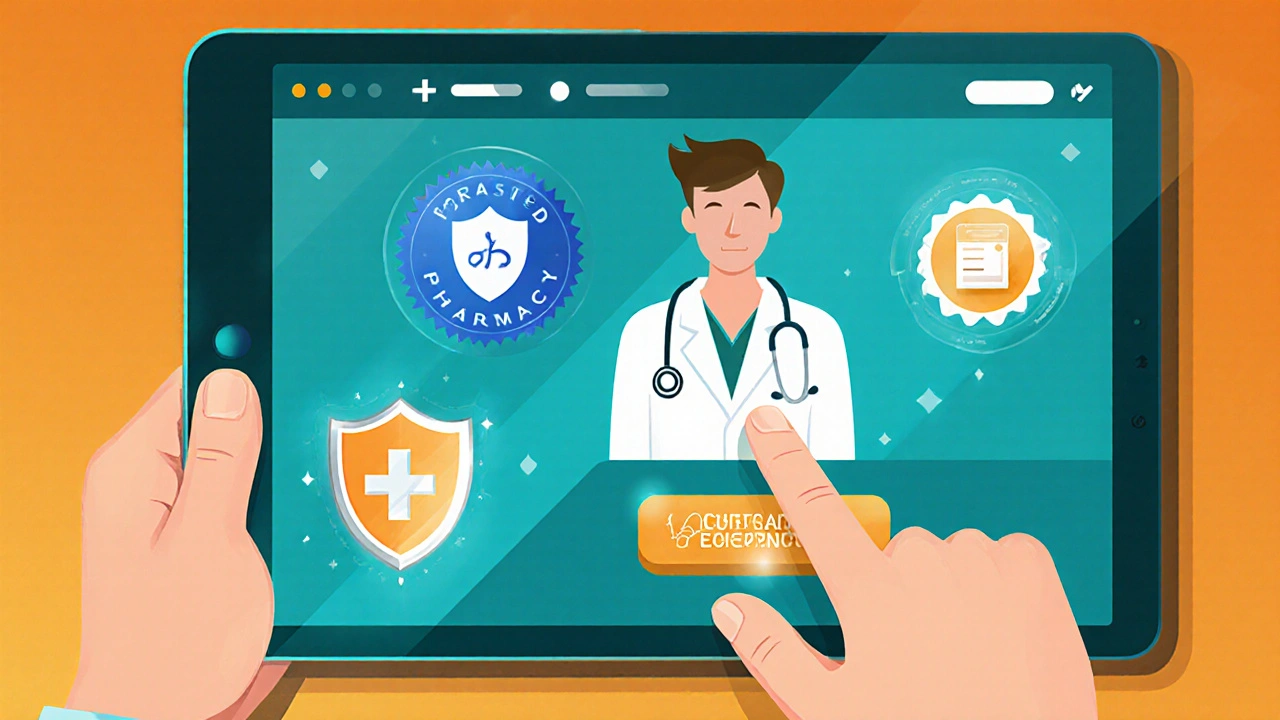 Online pharmacy screen showing trust icons and a pharmacist avatar on a tablet.
