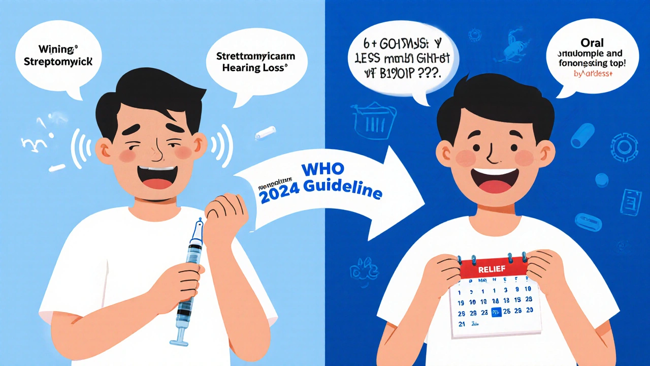 Patient comparison: one receiving painful injection, another taking easy oral pills with calendar showing reduced clinic visits.