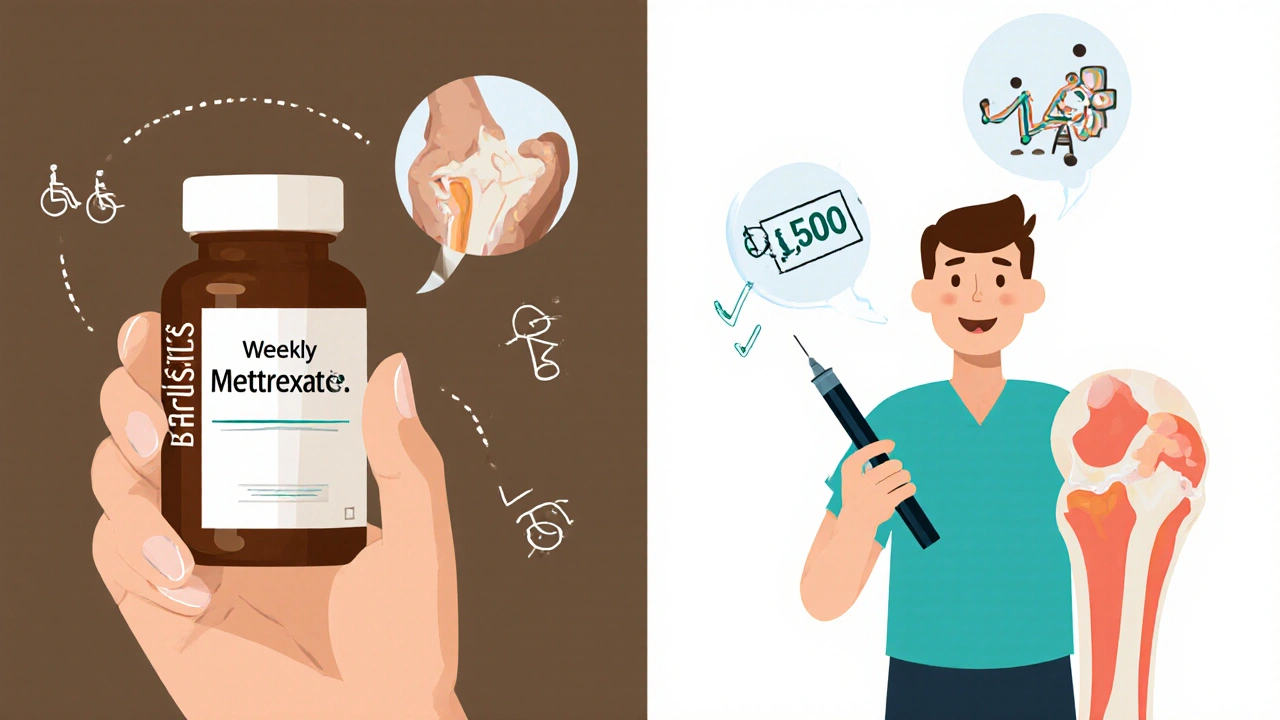 Patient holding methotrexate pill versus biologic injection, showing improved mobility and cost difference.