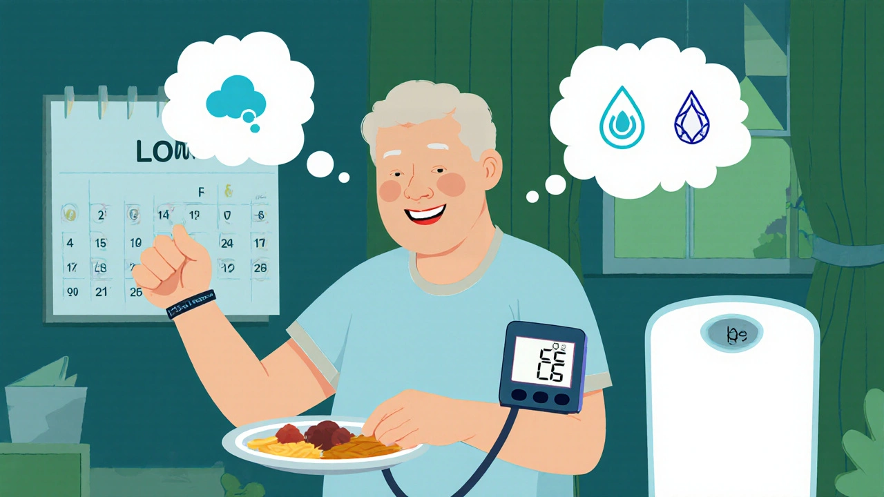 Patient monitors BP at home, eats low‑salt meal, with side‑effect reminders.
