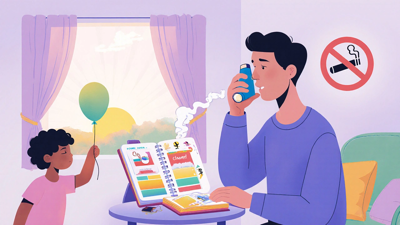 Person using inhaler with diary while a smoke‑free home environment is shown.