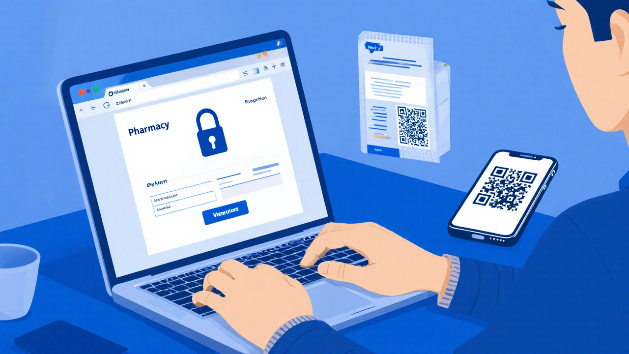 Person using laptop and phone to verify an online pharmacy with lock icon.