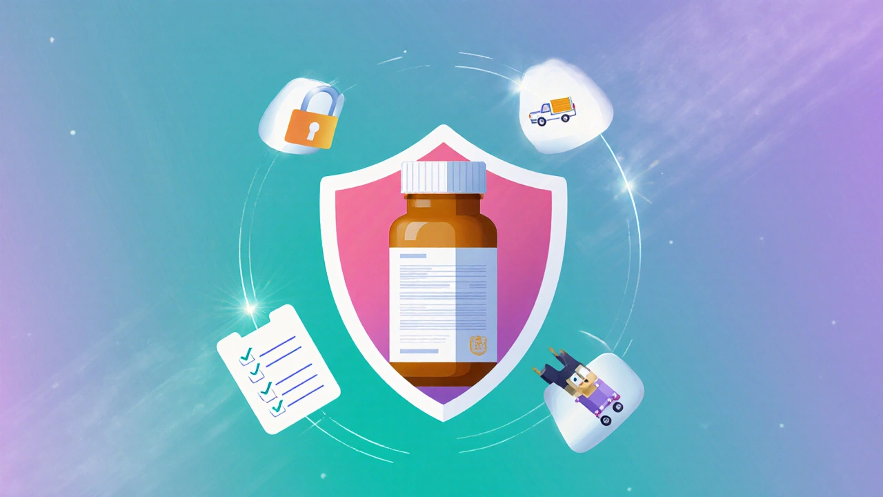 Shield with icons for security, checklist, and shipping over a medication bottle.