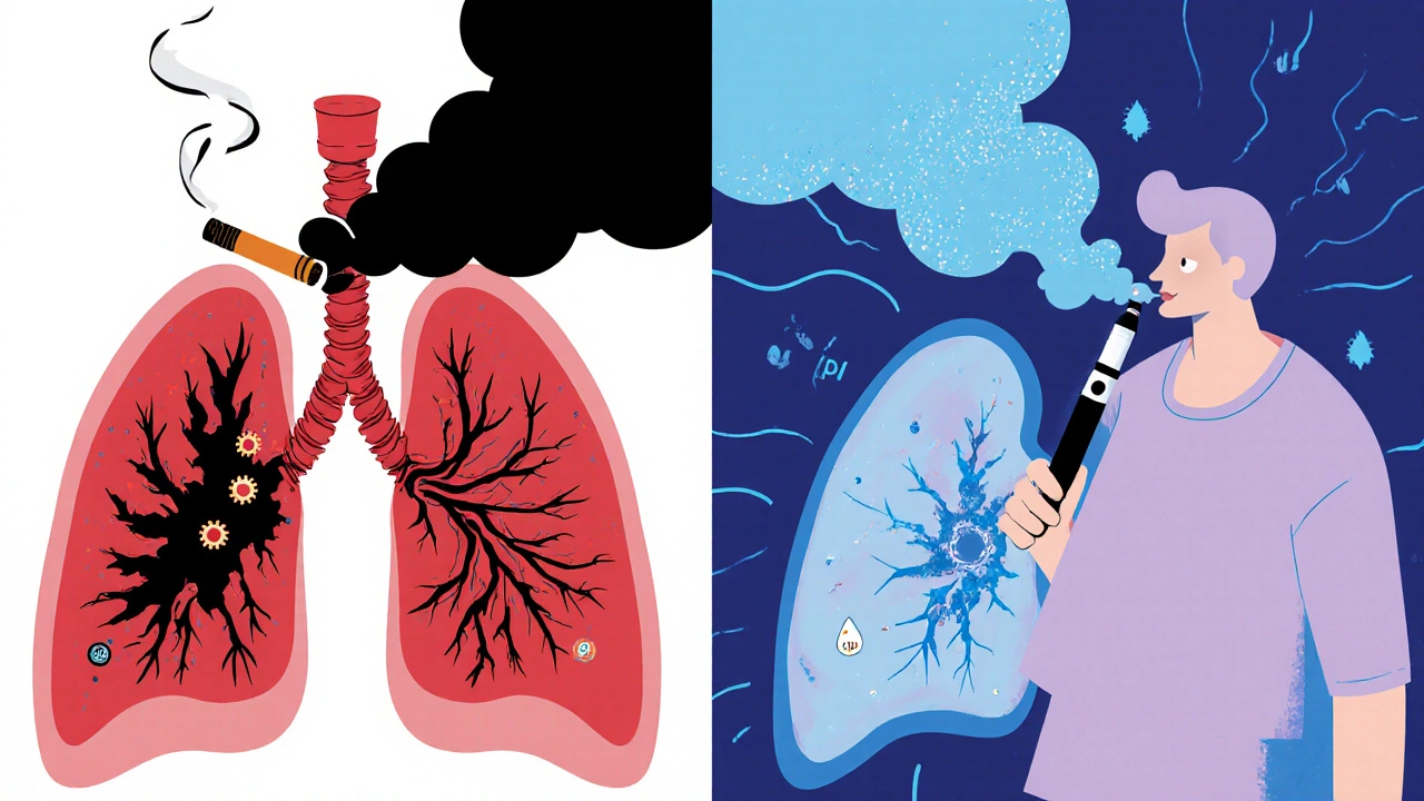 Side‑by‑side cartoon of smoking and vaping affecting two lungs differently.